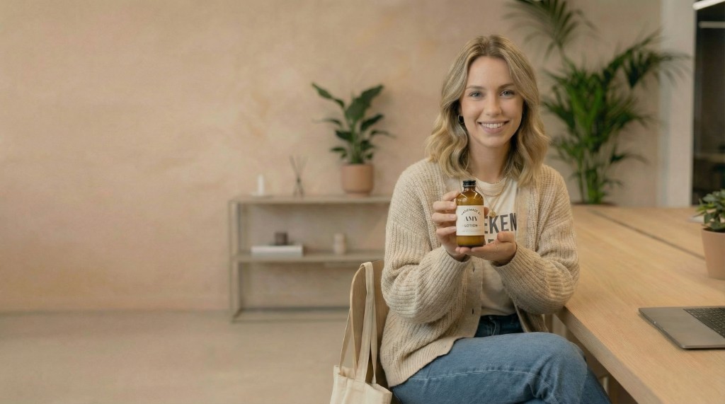 A brand founder holding her product