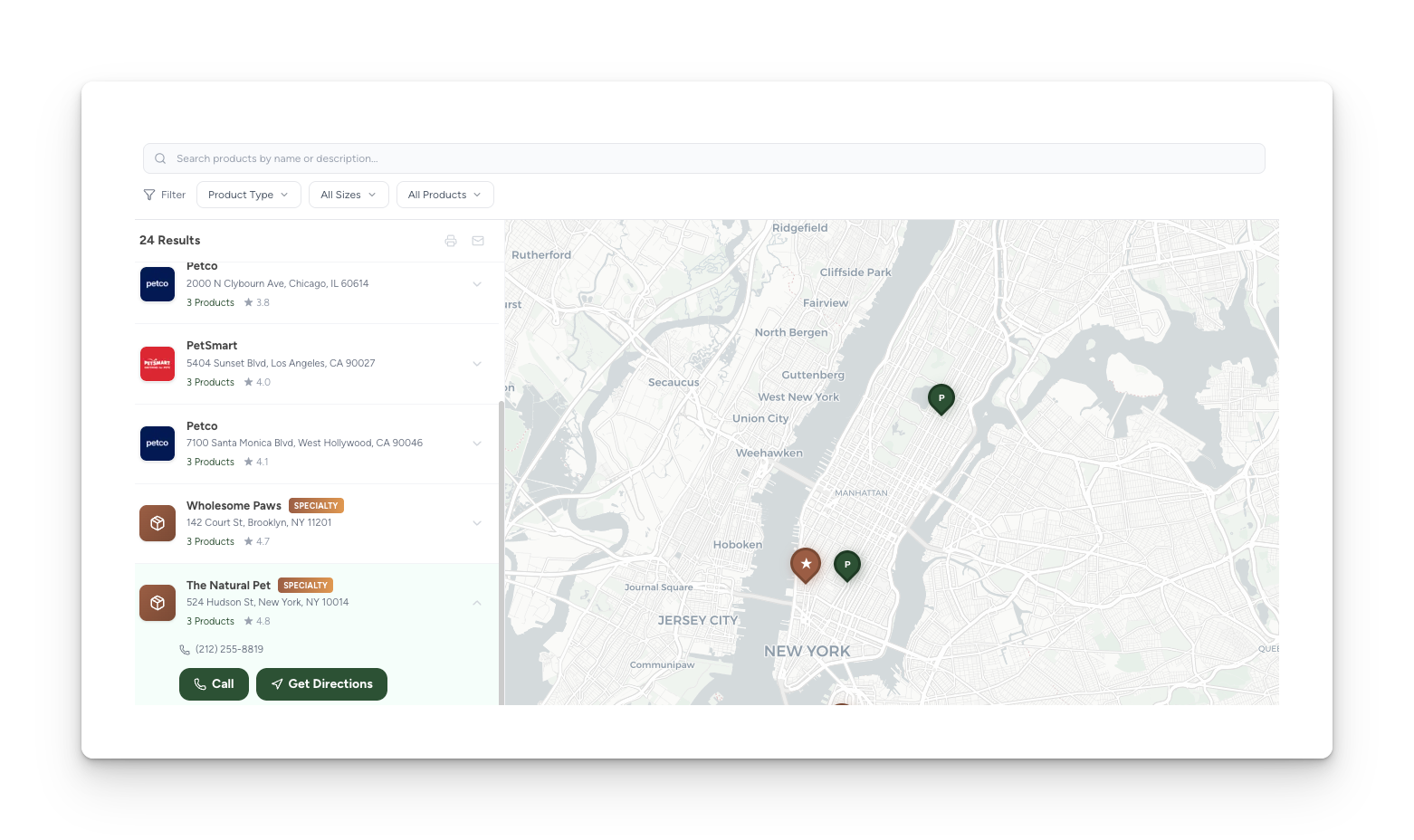 Product locator widget showing search results, store cards, and interactive map