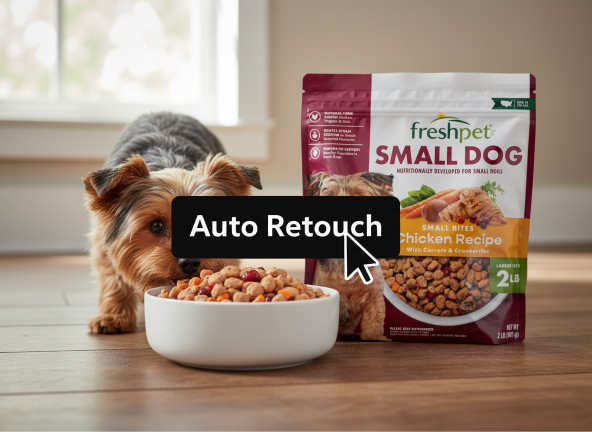 Auto Retouch feature showing one-click correction on Freshpet product photography